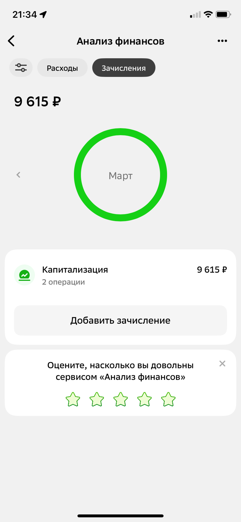 Скриншот раздела Анализ финансов. Зачисления